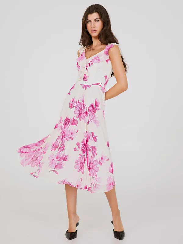 Floral Print Chiffon Ruffle Midi Dress Comfortable Adjustable Strap Midi Dress