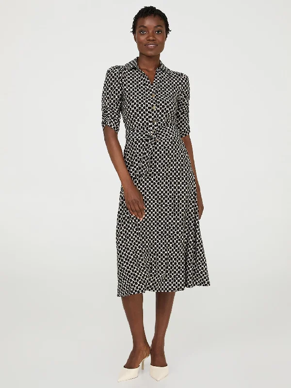 Geo Print Button-Front Midi Dress With Pockets Trendy Fit-and-Flare Midi Dress