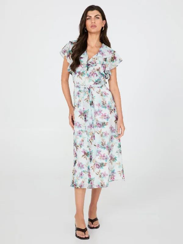 Floral Print Chiffon Midi Dress With Ruffle Details Elegant Floral Skirt Midi Dress