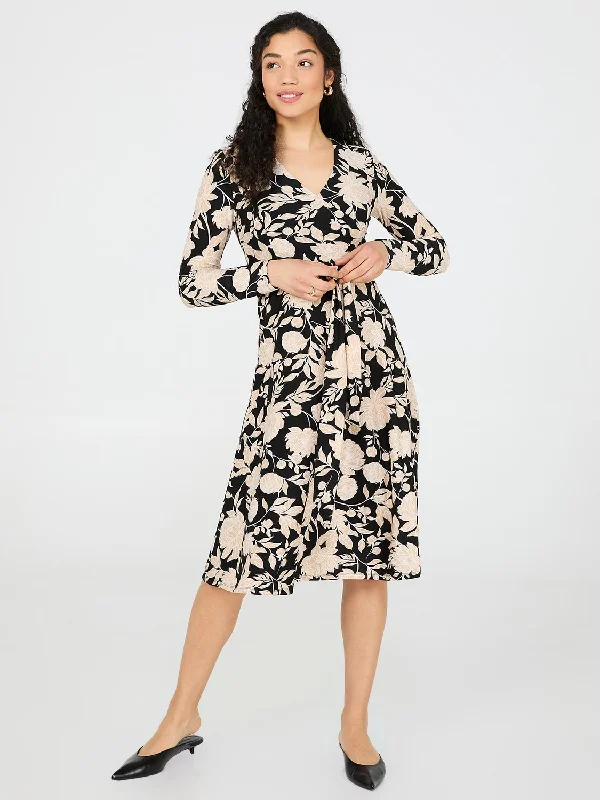 Floral Print Cross-Front Midi Dress Trendy Mock Neck Midi Dress