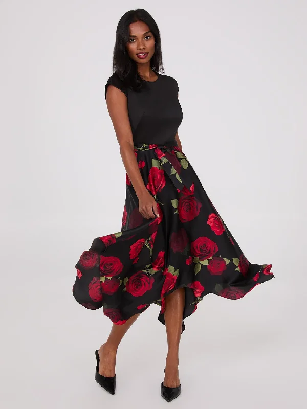 Scuba Midi Dress With Printed Satin Skirt Comfortable Stretch Midi Dress