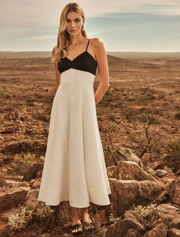 Ada Contrast Linen Midi Dress Comfortable Deep V Midi Dress