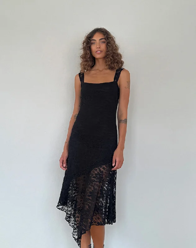 Adeliza Asymmetric Midi Dress in Floral Lace Jet Black Fashionable Polka Dot Midi Dress