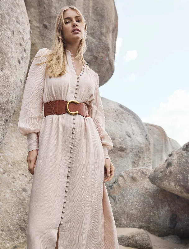 Anja Self Stripe Belted Midi Dress Fashionable Pleated Midi Dress