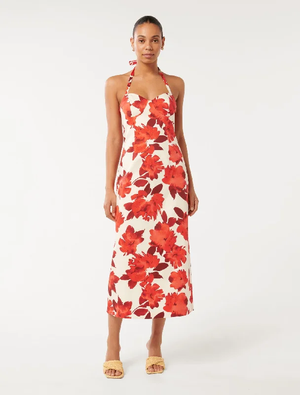 Ariel Halter Midi Dress Elegant Floral Skirt Midi Dress