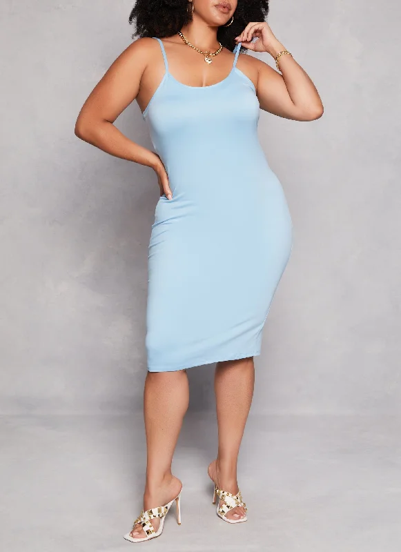 Plus Size Basic Scoop Neck Cami Midi Dress Stylish Off-Shoulder Ruffle Dress