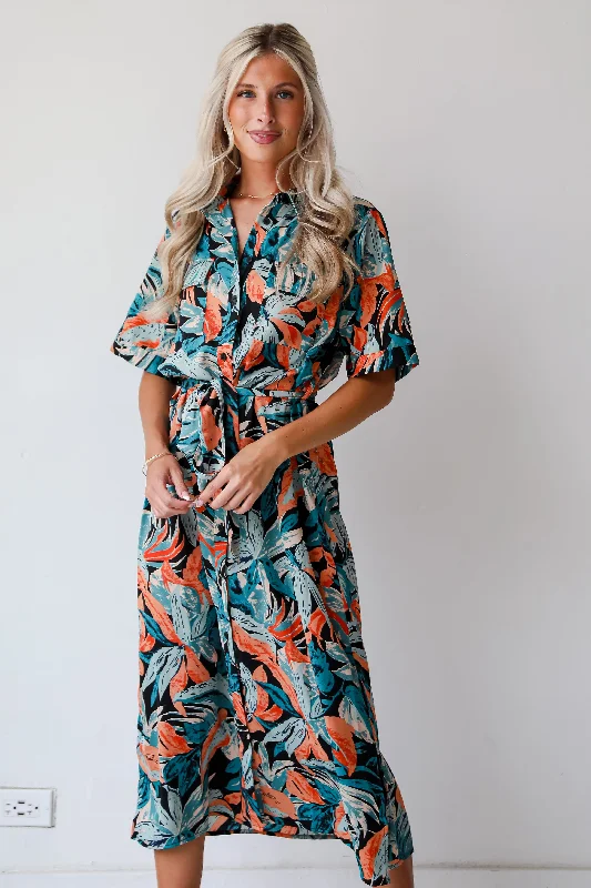 FINAL SALE - Bali Beauty Tropical Print Midi Dress Stylish Button-Up Midi Dress