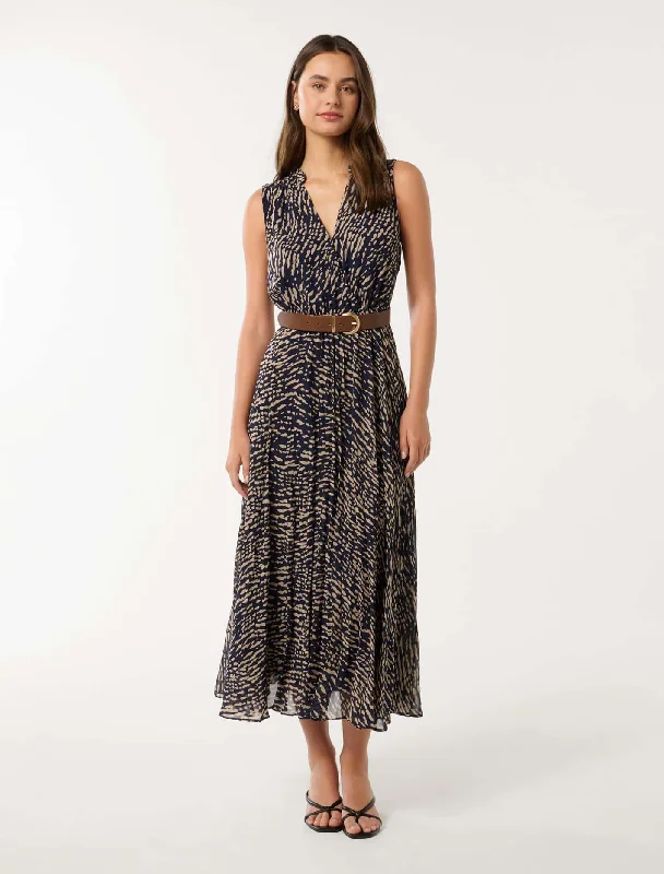 Barbara Sleeveless Pleated Midi Dress Trendy Off-Shoulder Button Midi Dress