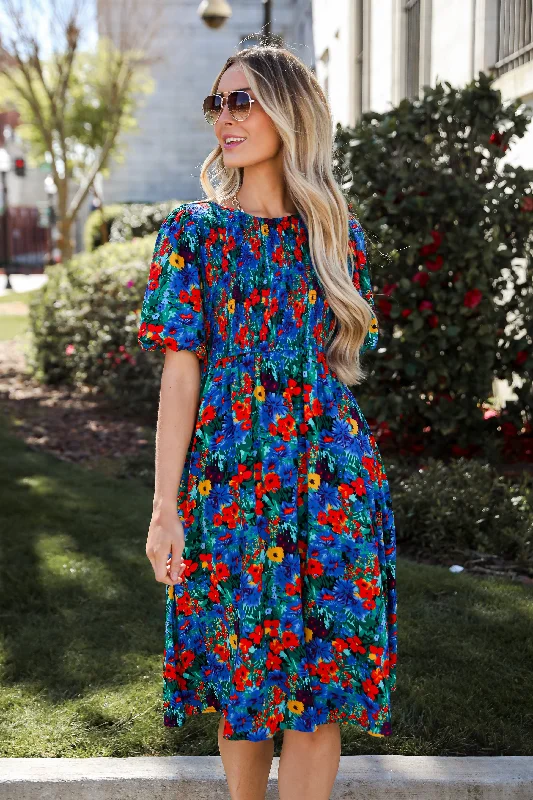 Beautiful Presence Blue Floral Midi Dress Fashionable One-Shoulder Midi Dress