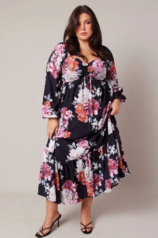 Black Floral Midi Dress Long Sleeve Ruched Bust Comfortable Deep V Midi Dress