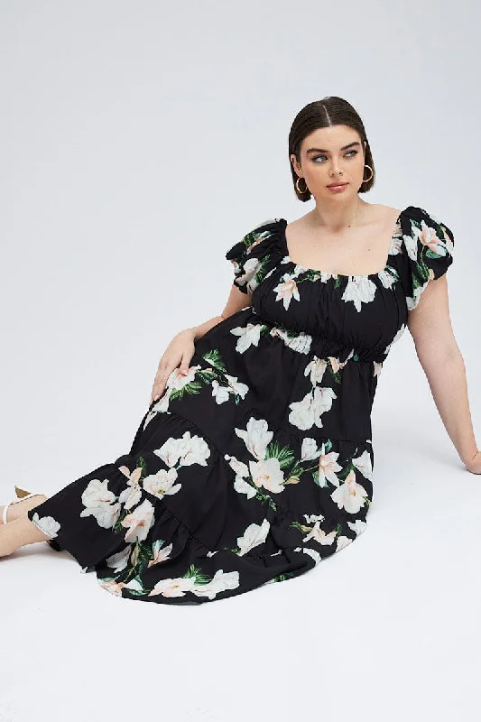 Black Floral Midi Dress Short Sleeve Tiered Ruched Chic Lace Detail Midi Dress