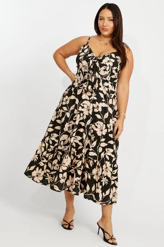 Black Floral Midi Dress Sleeveless Front Tie Comfortable Ribbed Midi Dress