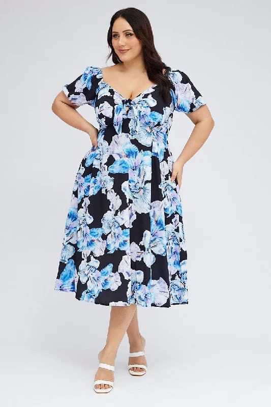 Black Floral Midi Dress Tie Front Puff Sleeve Cozy A-Line Midi Dress