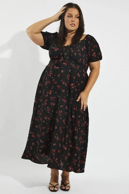 Black Floral Puff Sleeve Midi Dress Tie Front Elegant Floral Skirt Midi Dress