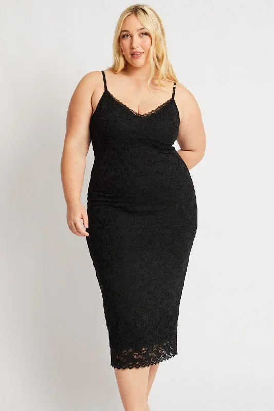 Black Lace Bodycon Midi Dress Elegant Satin Button Midi Dress