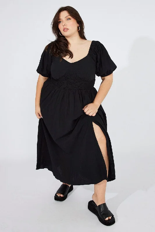 Black Midi Dress Puff Sleeve Front Split Stylish High-Waisted Midi Dress