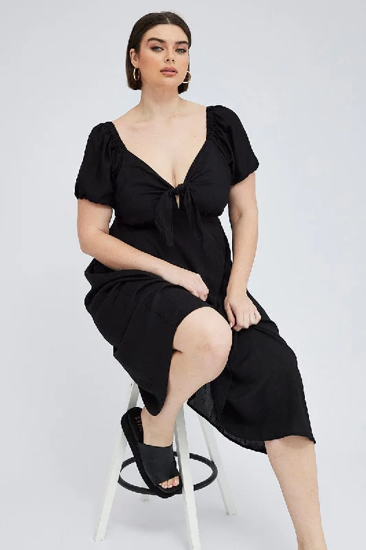 Black Midi Dress Tie Front Puff Sleeve Fashionable One-Shoulder Midi Dress