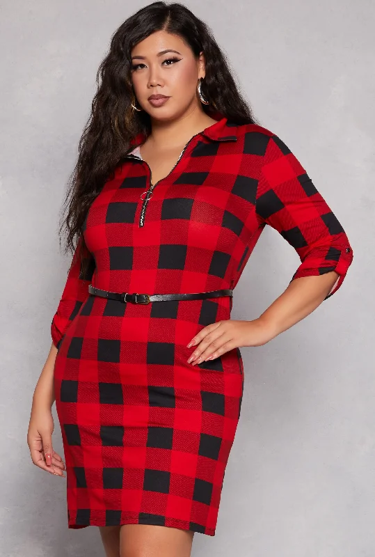 Plus Size Plaid Half Zip Belted Midi Dress Fashionable Plaid Midi Dress