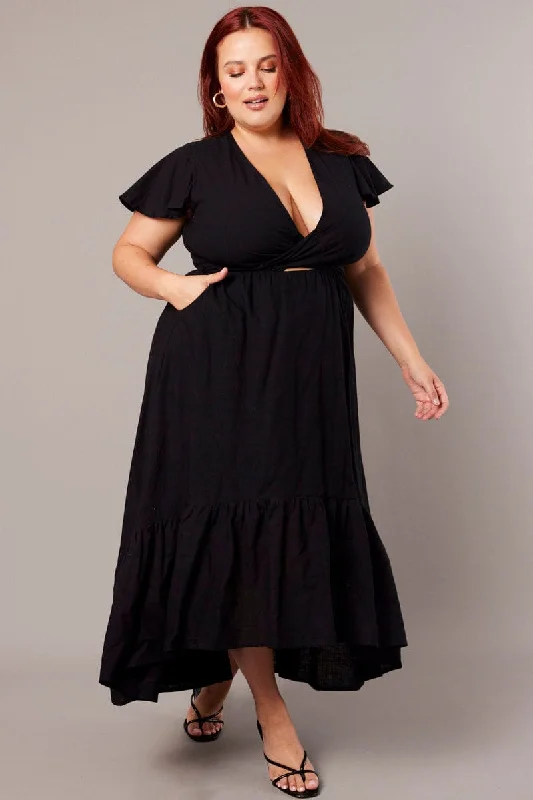 Black Tie Front Flare Sleeve Midi Dress Stylish Vintage Midi Dress