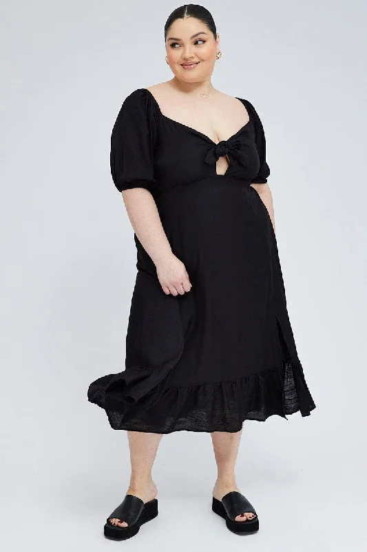 Black Tie Front Midi Dress Short Puff Sleeve Split Front Stylish Button-Up Midi Dress