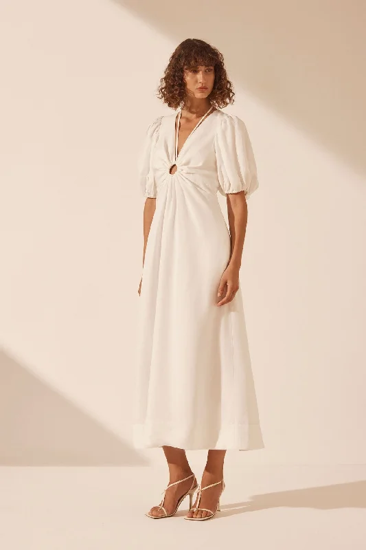 BLANC LINEN RUCHED KEYHOLE MIDI DRESS Cozy Spaghetti Strap Midi Dress