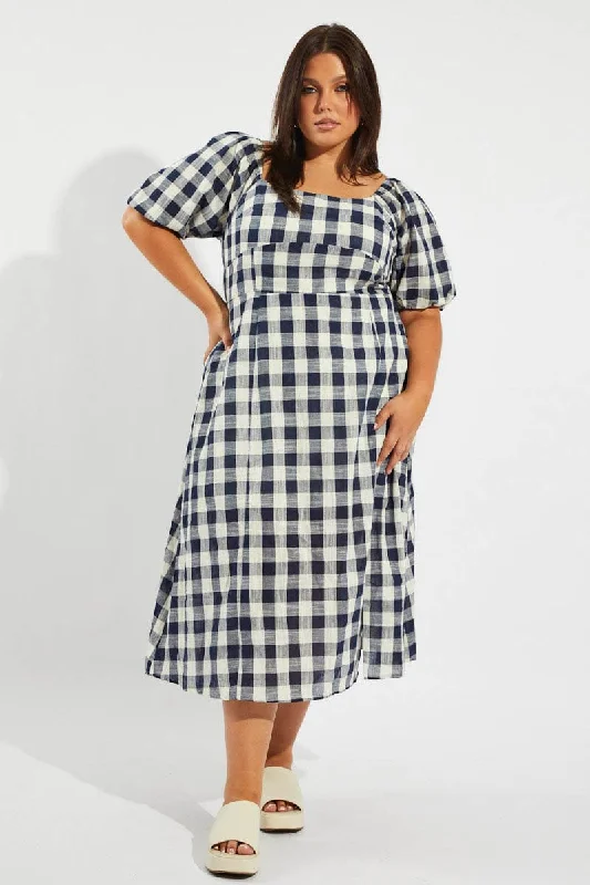 Blue Check Midi Dress With Split And Puff Sleeves Stylish Pleated Skirt Midi Dress