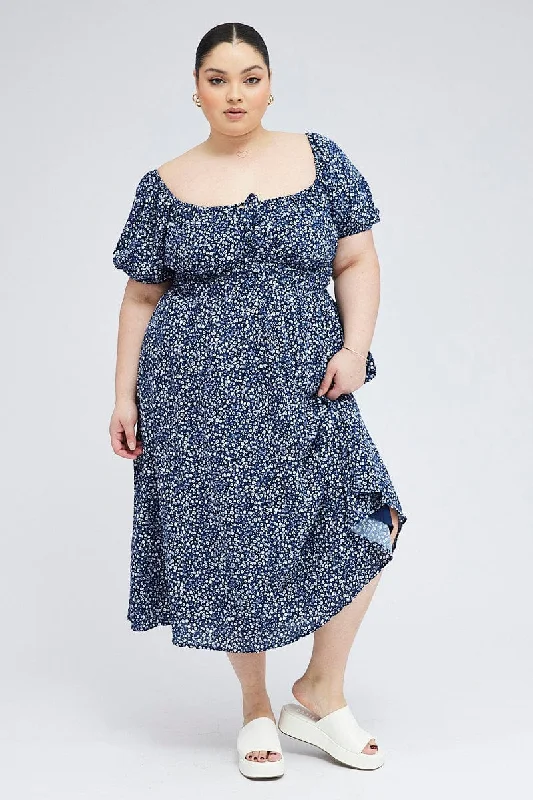 Blue Ditsy Midi Dress Short Sleeve Tiered Elegant Maxi-Midi Hybrid Dress