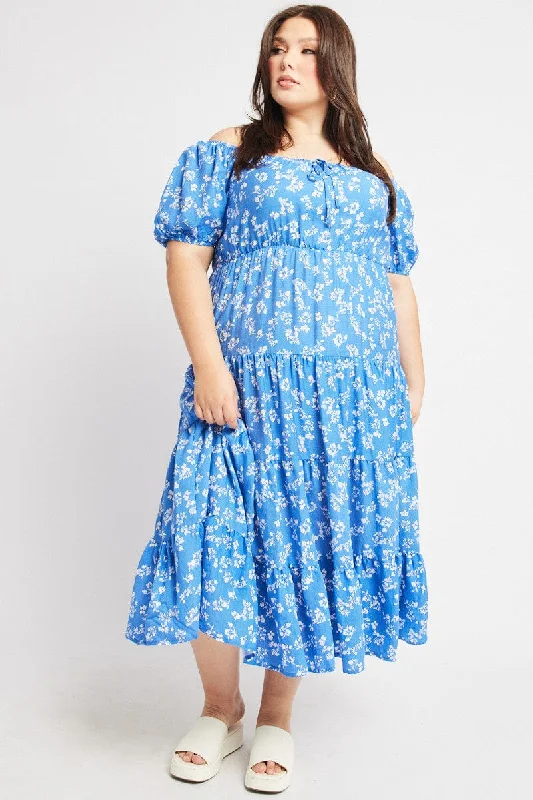 Blue Ditsy Midi Dress Short Sleeve Tiered Trendy Knit Midi Dress