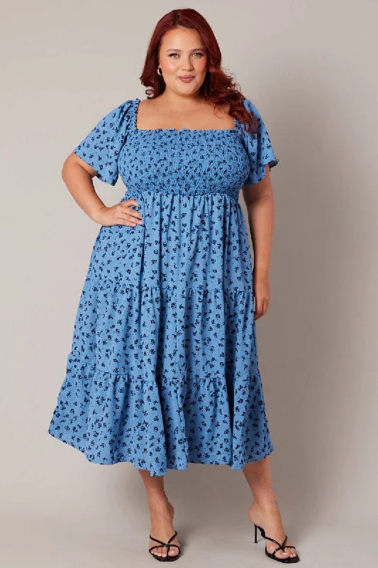 Blue Ditsy Midi Dress Short Sleeve Tiered Tie Back Stylish Long Sleeve Floral Midi Dress