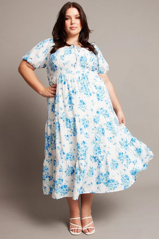 Blue Floral Midi Dress Short Sleeve Shirred Comfortable Button Front Midi Dress