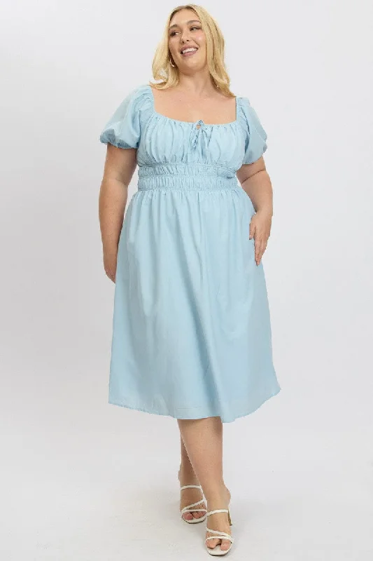 Blue Midi Dress Short Sleeve Ruched Bust Stylish Button-Up Midi Dress