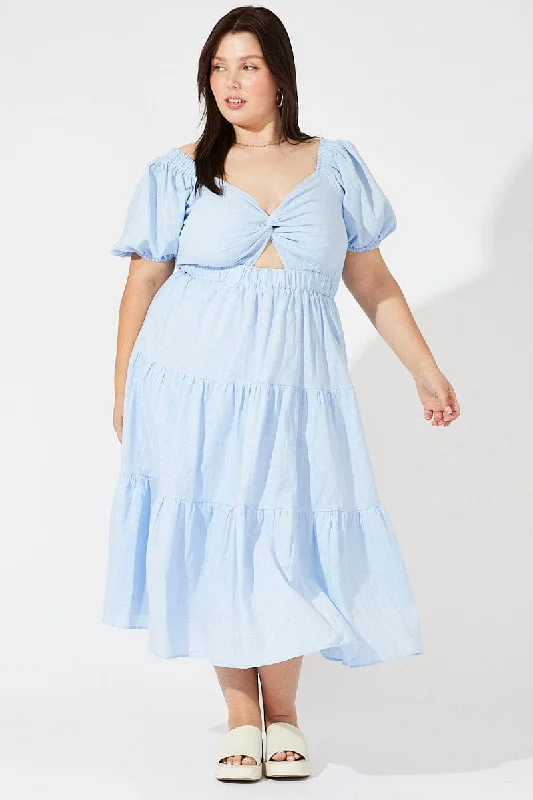 Blue Midi Dress Short Sleeve Tiered Cotton Cozy Spaghetti Strap Midi Dress