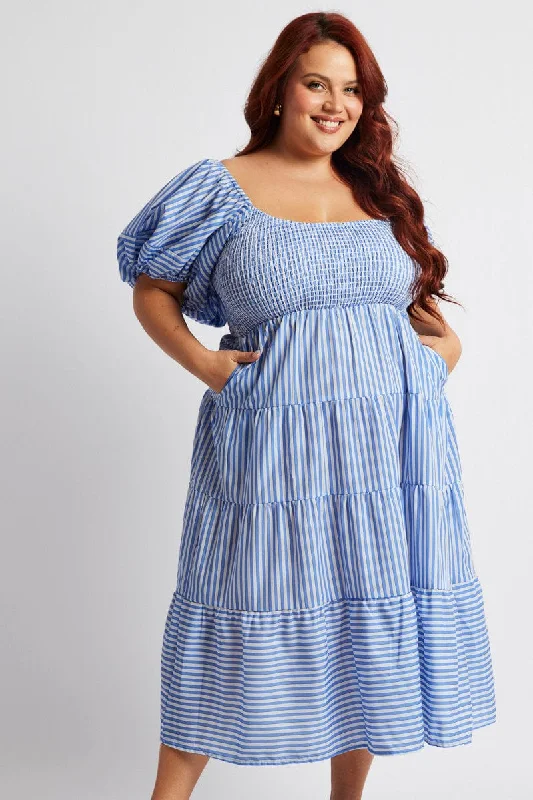 Blue Stripe Midi Dress Short Sleeve Shirred Trendy Long Sleeve Midi Dress