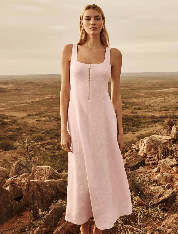 Bronte Linen Zip Detail Midi Dress Comfortable Draped Midi Dress