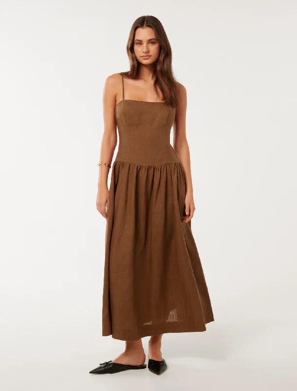 Brooke Linen Drop Waist Midi Dress Stylish Cold Shoulder Midi Dress