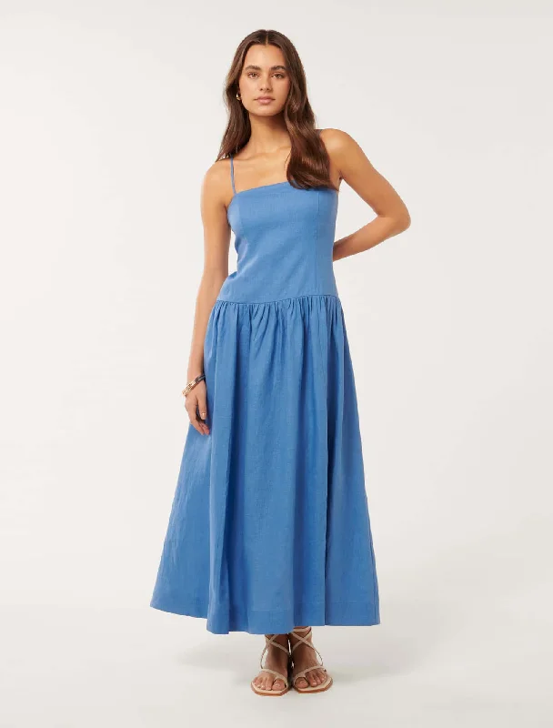 Brooke Linen Drop Waist Midi Dress Classic Black Midi Dress