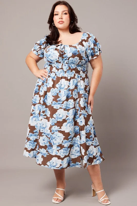 Brown Floral Midi Dress Short Sleeve Ruched Bust Stylish Halter Neck Midi Dress