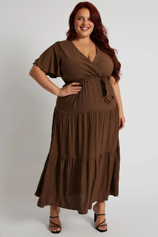 Brown Wrapover Flare Sleeve Tiered Midi Dress Elegant Faux Wrap Midi Dress