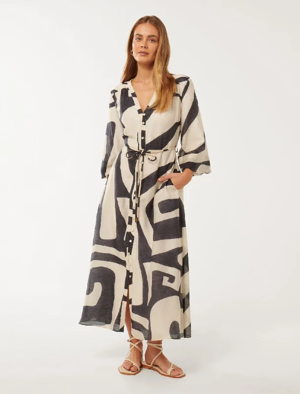 Brynn Waist Tie Midi Dress Trendy A-Line Midi Dress