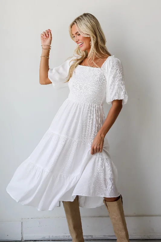 FINAL SALE - Bubbly Beauty White Tiered Midi Dress Comfortable Draped Midi Dress