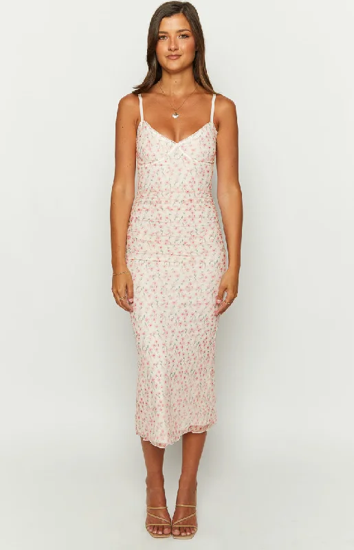 Capri Pink Floral Mesh Midi Dress Comfortable Ruched Midi Dress