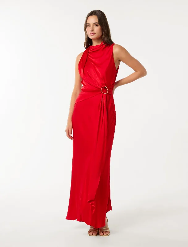 Cassie Satin Draped Midi Dress Cozy Spaghetti Strap Midi Dress