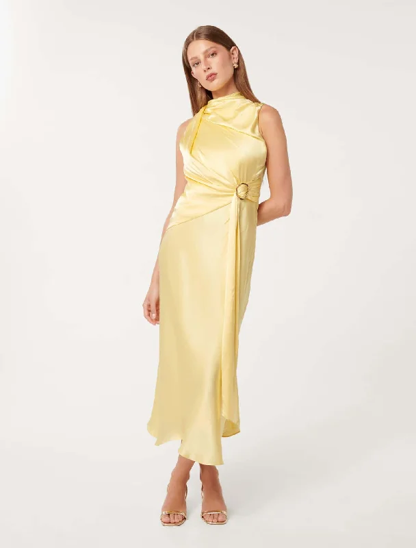 Cassie Satin Draped Midi Dress Elegant Satin Midi Dress