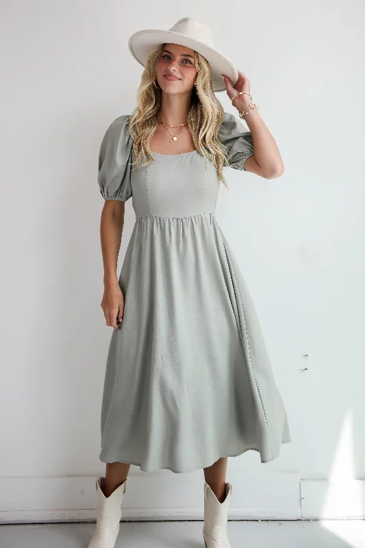 Chic Persuasion Sage Linen Midi Dress Stylish Midi Dress with Cuffs