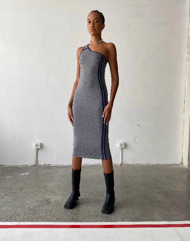 Cresida One Shoulder Midi Dress in Grey Navy Sporty Micro Spot Stylish Striped Midi Dress