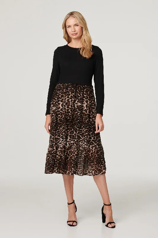 Leopard Print Tiered Midi Dress Trendy Ruched Side Midi Dress