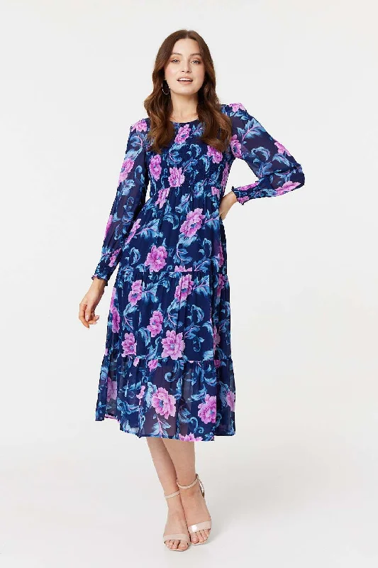 Floral Semi-Sheer Tiered Midi Dress Stylish Long Sleeve Floral Midi Dress