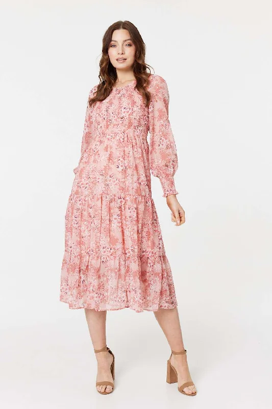 Floral Print Smocked Midi Dress Comfortable Deep V Midi Dress