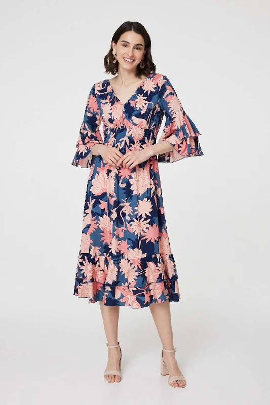 Floral 3/4 Sleeve Ruffled Midi Dress Fashionable Sheer Sleeve Midi Dress