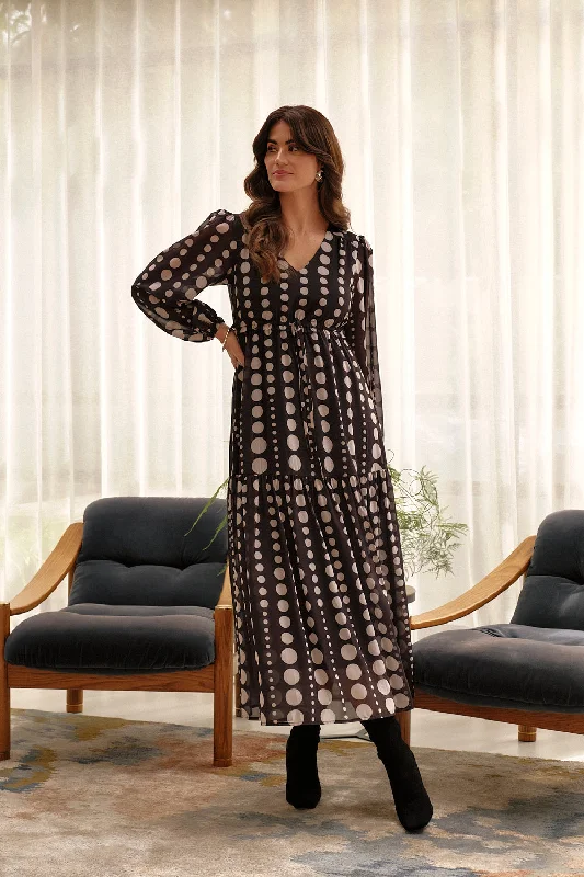 Dotty Print Long Puff Sleeve Midi Dress Comfortable Knitwear Midi Dress